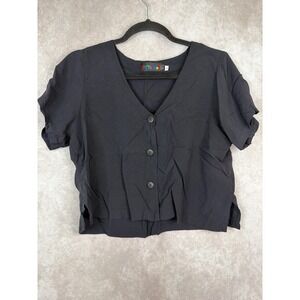 VTG 90s JAMS WORLD Black V Neck Button Front Short Sleeve Cropped Womens Large